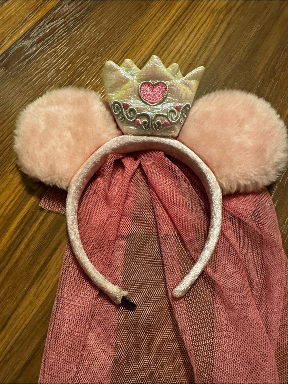 Vintage Pink Plush Princess Headband with Crown and Veil